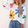 Women's White Floral Pattern Crew Neck Sweater - Image 9