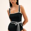 Women's Elegant Black Colorblock Edge Belted One Piece Swimsuit with Padded Support - Image 11