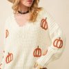 Women's Beige Cable Knit Pumpkin Raw Hem V Neck Sweater - Image 6