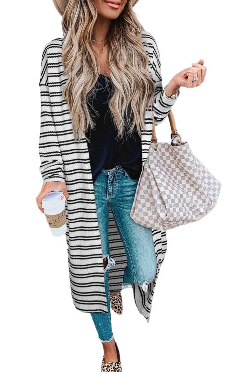 Women's Black Stripe Print Open Front Duster Cardigan - Stylish Long Sleeve Layering Piece