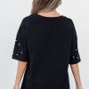 Women's Black Pearl Beaded Drop Shoulder Crewneck T-Shirt - Trendy Casual Tee - Image 2