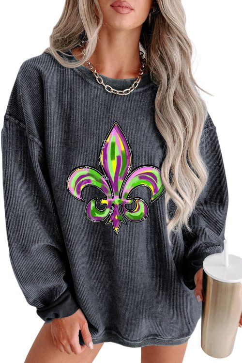 Women's Gray Mardi Gras Symbol Graphic Corded Pullover Sweatshirt