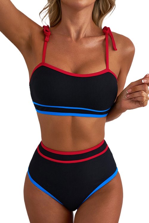 Women's Black Triple Color Trimmed High Waist Bikini Set with Unique Knot Straps