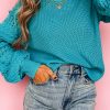 Women's Turquoise Ruffled Eyelet Bubble Sleeve Knit Sweater - Image 9