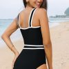 Women's Elegant Black Colorblock Edge Belted One Piece Swimsuit with Padded Support - Image 3