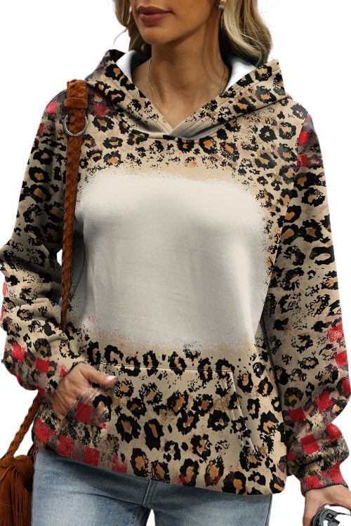 Women's Brown Leopard Plaid Bleached Print Kangaroo Pocket Hoodie