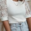 Women's Elegant White Lace Floral Patchwork Ribbed Knit Half Sleeve T-Shirt - Image 5