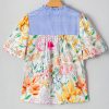 Women's Multicolor Floral Print Striped Yoke Frilled V Neck Puff Short Sleeve Blouse - Image 10