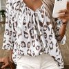 Women's Khaki Leopard Print Ruched V Neck 3/4 Sleeve Blouse - Image 5