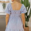 Women's Sky Blue Stripe Bubble Sleeve Square Neck Ruched Pocketed Babydoll Dress - Image 2