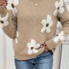 Women's Parchment Flower Pattern Crew Neck Sweater with Ribbed Trim - Image 2