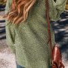 Women's Jungle Green Loose Eyelet V Neck Drop Shoulder Sweater - Stylish Casual Winter Wear - Image 2