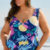 Women's Plus Size Blue Printed V Neck Wrap Knot Ruffled One Piece Swimwear - Image 7