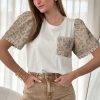 Women's Elegant White Leopard Patchwork Puff Sleeve T-Shirt with Crochet Lace Trim - Image 13