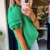 Women's Bright Green Textured Puff Short Sleeve Notched V Neck Top - Image 2