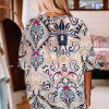 Women's White Abstract Printed Notched V-Neck Split Half Sleeve Blouse - Image 2