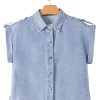 Women's Dusk Blue Denim Pinup Folded Cap Sleeve Shirt - Stylish Cropped Blouse - Image 25