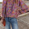 Women's Purple Floral Allover Print Shirred Cuff Frilled O Neck Blouse - Image 3