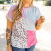 Women's Plus Size Rose Red Leopard Colorblock Patchwork Corded Knit T-Shirt - Image 7