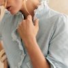 Women's Sky Blue Stripe Frilled Trim Button Up Long Sleeve Shirt - Image 6