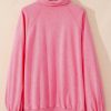 Women's Oversized Pink Solid Snap Buttons Collared Balloon Sleeve Sweatshirt - Image 6