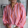 Women's Orange Stripe Crinkled Ruffled Sleeve Loose Button Up Shirt - Image 6