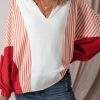 Women's Oversized White Striped Color Block Collared V Neck Sweatshirt - Image 3