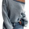 Women's Striped Lantern Sleeve Drop Shoulder Cozy Sweater - Sail Blue - Image 12