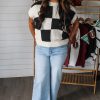 Women's Black Checkered Color Block Crew Neck Short Sleeve Sweater - Image 3