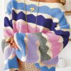 Women's Dark Blue Wave Striped Balloon Sleeve Drop Shoulder Sweater - Image 3