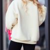 Women's Beige Sherpa HOWDY Patched Pullover Sweatshirt for Cozy Fall Style - Image 2