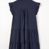 Elegant Navy Blue Plus Size Dress with Collared V Neck and Flutter Sleeves - Image 15