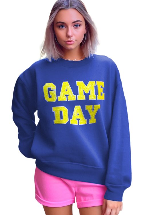 Women's Dark Blue Game Day Crew Neck Graphic Pullover Sweatshirt with Sequin Design