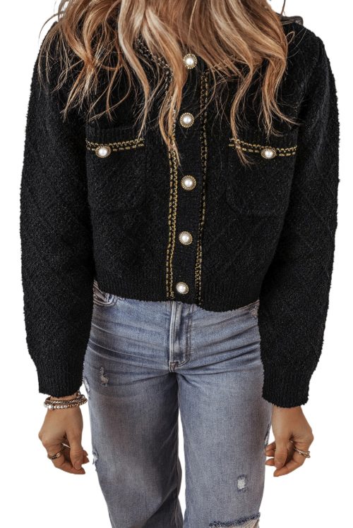 Chic Women's Black Shimmer Button-Up Cardigan with Flap Pockets