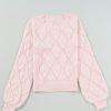 Women's Gossamer Pink Openwork Plaid Puff Sleeve Cropped Sweater - Image 12