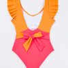 Women's Vitality Orange Color Block Ruffled Backless One Piece Swimsuit - Image 7