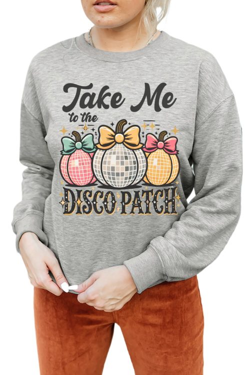 Women's Gray Disco Ball Bowknot Pumpkin Graphic Crewneck Sweatshirt