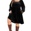 Plus Size Black Velvet Flounce Sleeve Shirred Bodice Babydoll Dress - Image 17