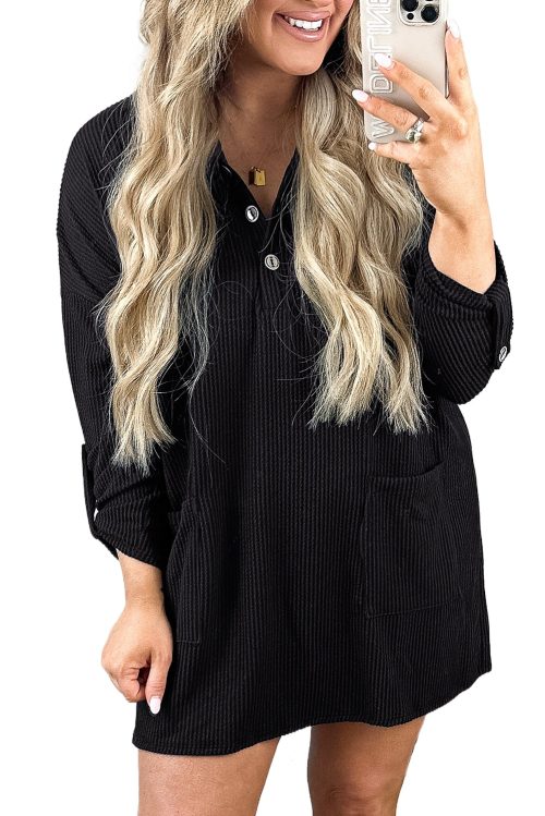 Plus Size Black Ribbed Knit Buttoned Collared Roll Tab Sleeve Mini Dress