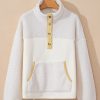 Women's Cozy Beige Fleece Colorblock Trim Sweatshirt with Buttons and Pocket - Image 8