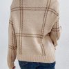 Women's Khaki Plaid Pattern Knitted Long Sleeve Drop Shoulder Sweater - Image 3