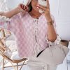 Women's Light Pink Checkered Knitted Lace-Up Ruffled 3/4 Sleeve Cardigan - Image 2