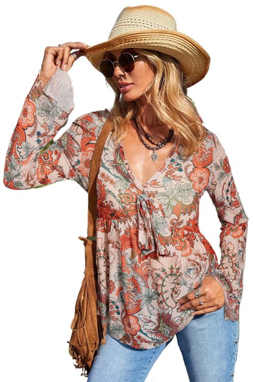 Women's Orange Floral Print Deep V Neck Knot Bell Sleeve Blouse - Chic & Feminine