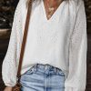 Women's White Eyelet Embroidered V Neck Puff Sleeve Blouse - Image 3