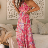 Women's Pink Abstract Floral Print Shirred One Shoulder Maxi Dress for Summer - Image 7