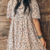 Women's Beige Floral Puff Short Sleeve Empire Waist Mini Dress for Summer - Image 3