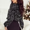 Women's Black Sequined Long Sleeve Crew Neck Cropped Blouse - Image 2