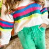 Women's Plus Size White Colorful Striped Drop Shoulder Loose Sweatshirt - Image 2