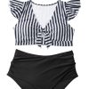 Plus Size Black Stripe 2-Piece Knot Cutout Ruffle Sleeve Swimsuit - Image 21