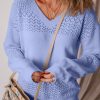 Women's Sky Blue V Neck Drop Shoulder Sweater with Eyelet Pattern Detail - Image 6